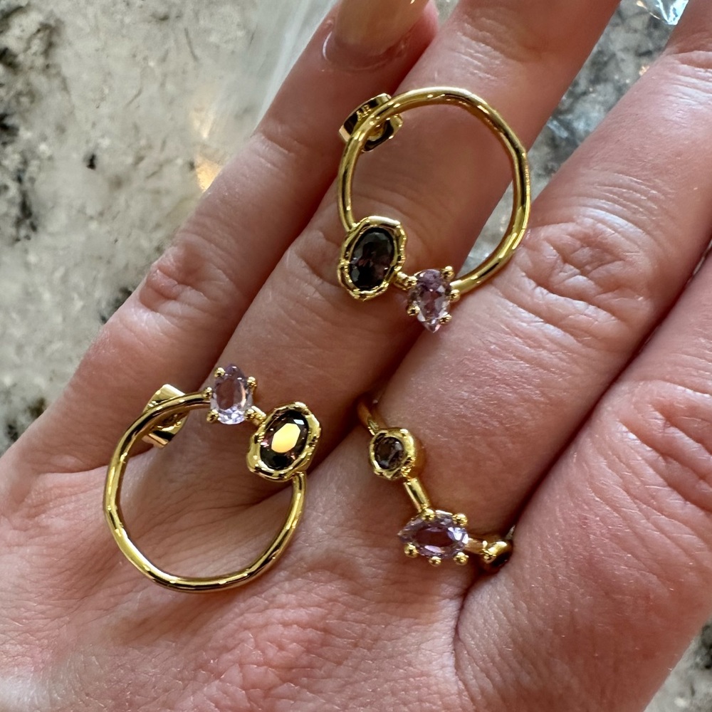 Alexis Bittar ring and earrings set in wisteria with gold. Never worn.